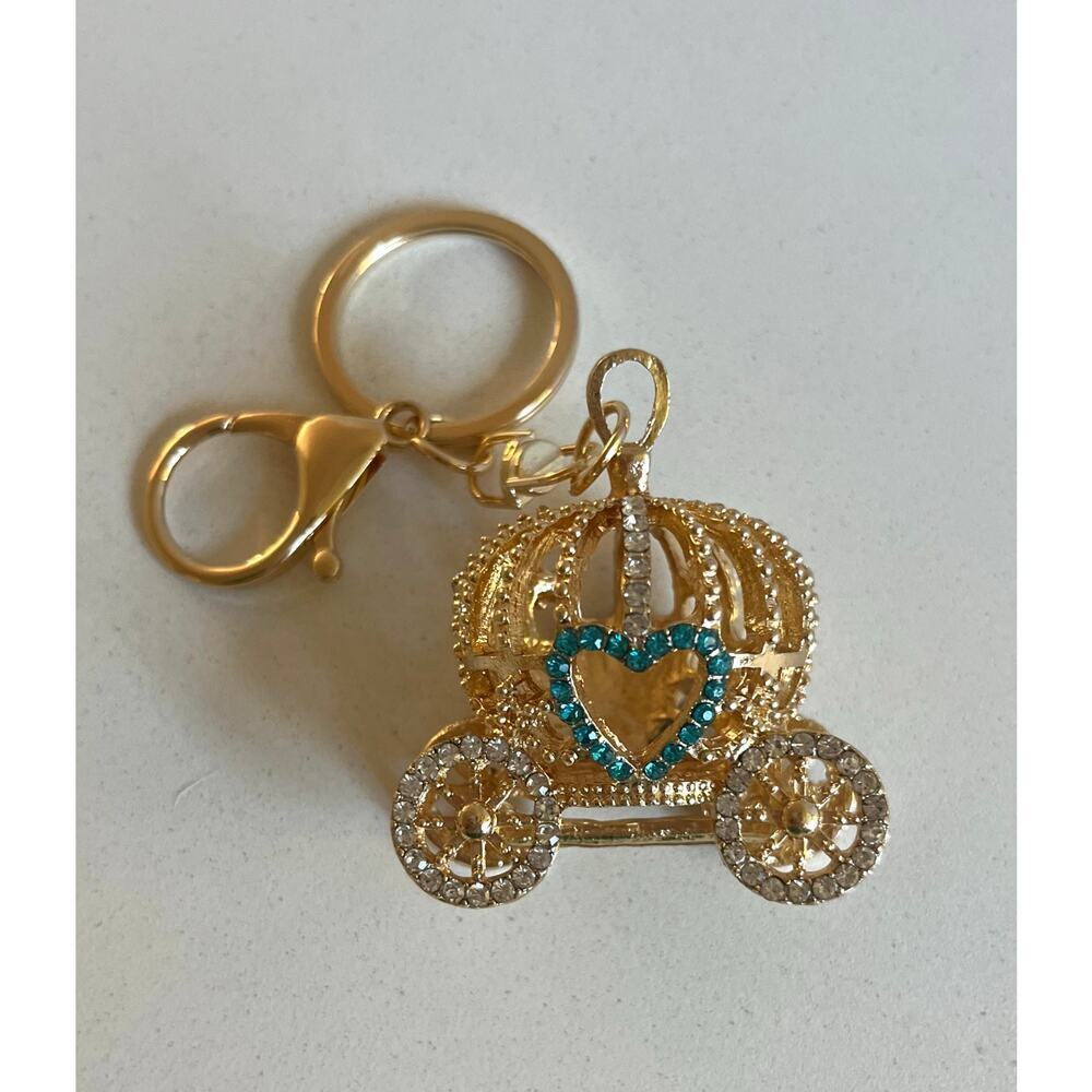 Cinderlla's Carriage Bag Charm, Gold & Blue Rhinestones, 3D Keychain